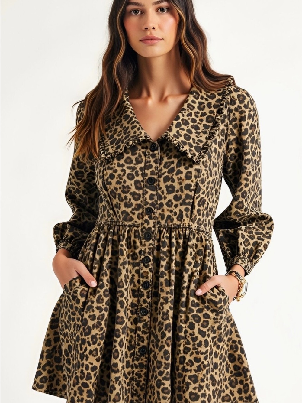 Modenaire Leopard Print Mini Dress Oversized Collar Cotton Pockets Medium Mod